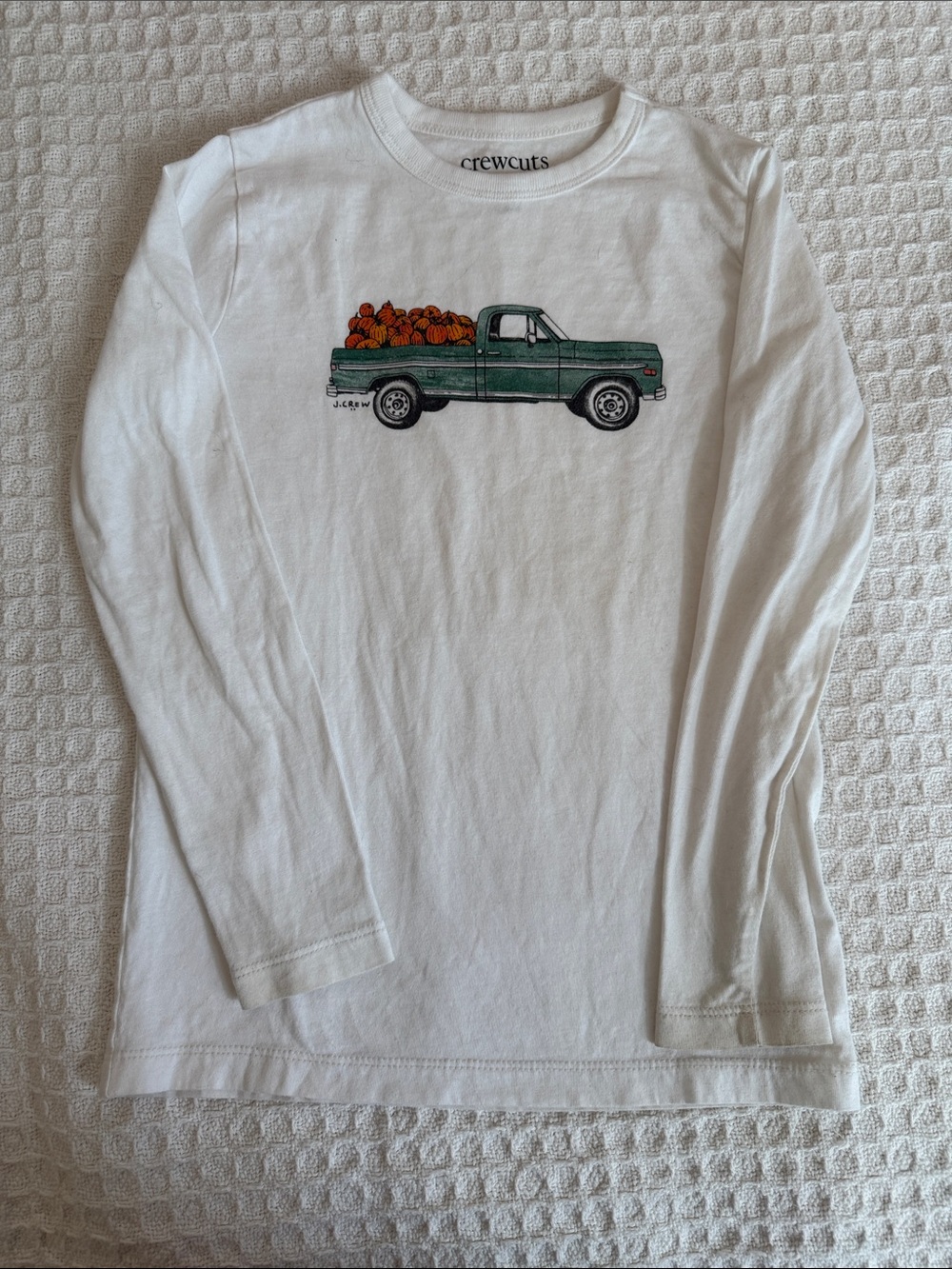 Crewcuts White Long Sleeve Tee with Green Pickup Truck and Orange Pumpkins